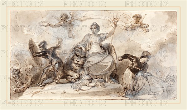 Robert Smirke, British (1752-1845), Patriotic Fund, pen and brown ink with gray wash heightened with white on laid paper