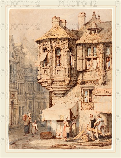 Samuel Prout, British (1783-1852), French Street Scene with a Medieval Turret, watercolor on wove paper; laid down