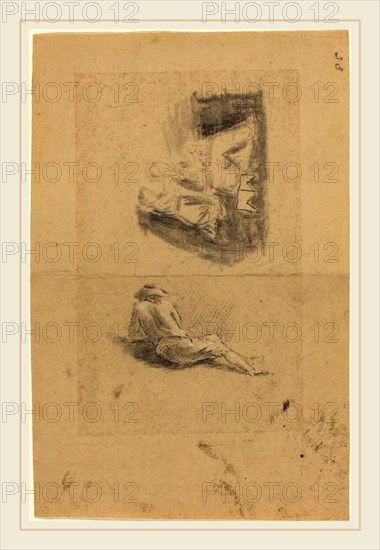 John Flaxman, British (1755-1826), Reclining Man; Two Women, black chalk? heightened with white chalk; charcoal and graphite