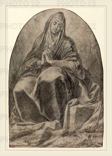 French 17th Century, The Grieving Virgin Contemplating Instruments of the Passion, 1640s, black chalk with stumping and gray wash on laid paper with a second piece added to the bottom