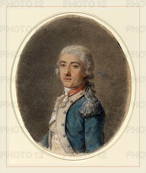 French 18th Century, Portrait of a Man in a Military Uniform, 18th century, black, blue, and red chalk heightened with white  on laid paper