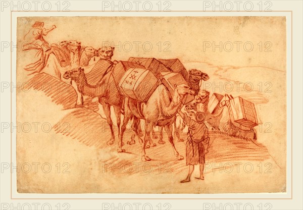 French 18th Century, Camel Caravan, red chalk on laid paper