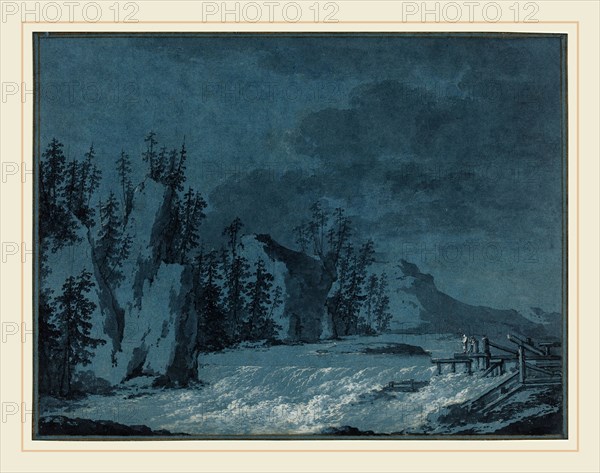 Claude-Louis ChÃ¢telet, French (1749-1750-1795), River Rapids by Wooded Cliffs, c. 1780, gray wash with white gouache over traces of black chalk on blue laid paper