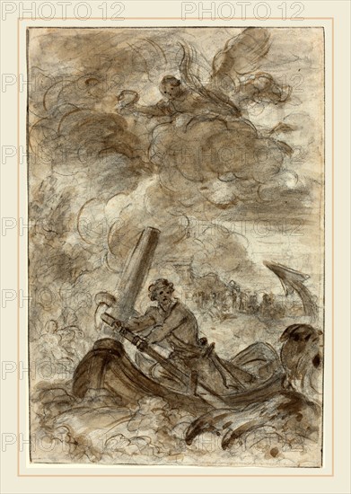 Jean-Honoré Fragonard, French (1732-1806), Orlando Kills the Orc with an Anchor, black chalk with brown wash on laid paper
