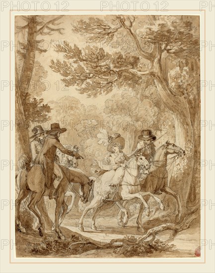 Jean-Michel Moreau, French (1741-1814), Lady and Gentlemen Riding in a Park, brush and brown ink with touches of pen and brown ink over graphite on laid paper