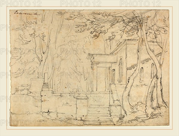 FranÃ§ois-Ãâdouard Bertin, French (1797-1871), House with a Portico at Ermenonville, graphite on wove paper