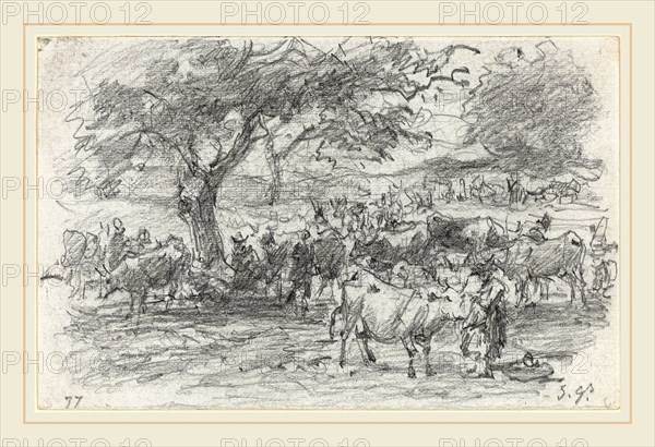 EugÃ¨ne Boudin, French (1824-1898), Herdsmen and Cattle, 1877, graphite on wove paper