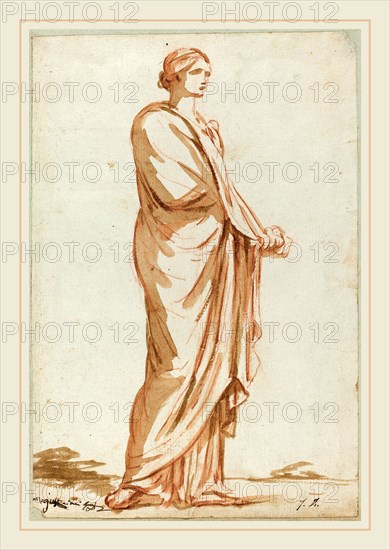 Jacques-Louis David, French (1748-1825), Roman Statue of a Standing Woman, red chalk with brown wash on laid paper