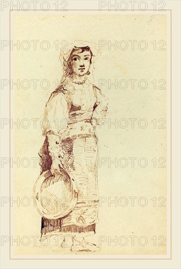 Jean-Louis-Ernest Meissonier, French (1815-1891), Woman with a Tambourine (verso), c. 1860, pen and brown ink on wove paper