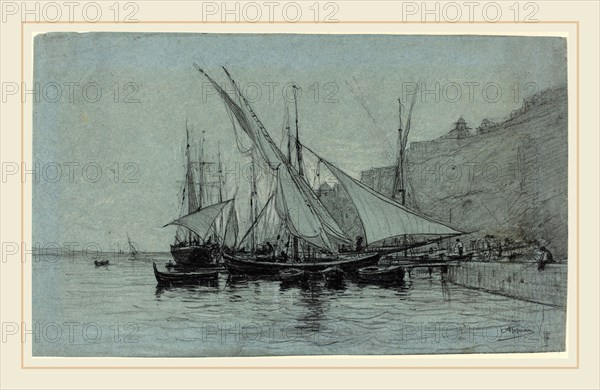 Adolphe Appian, French (1818-1898), The Port of Monaco, 1873, charcoal, black chalk, and gray wash heightened with white chalk on blue wove paper