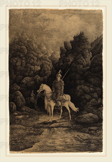 Rodolphe Bresdin, French (1822-1885), Oriental Horseman in a Desolate Mountain Landscape, 1858, pen and black ink and gray wash on wove paper