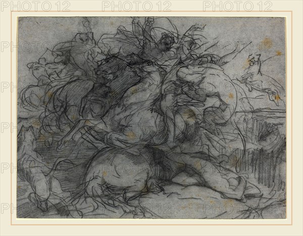 FranÃ§ois-Nicolas Chifflart, Study for "Surprise" (Battle of the Tigers), French, 1825-1901, graphite on blue-gray paper