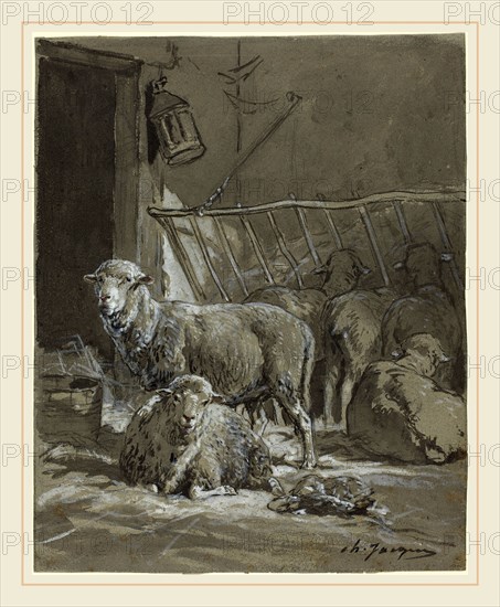 Charles Ãâmile Jacque, French (1813-1894), Sheep in a Manger, gray wash with touches of pink watercolor over black chalk, heightened with white on gray paper