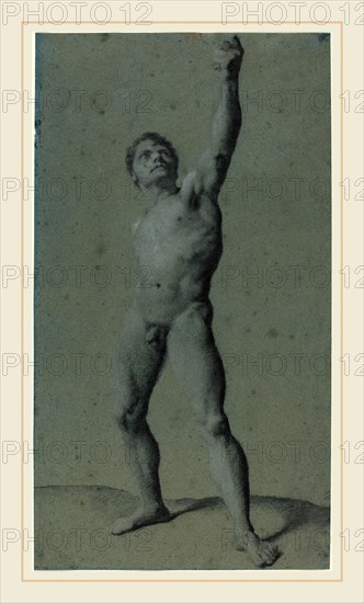 Pierre Paul Prud'hon, French (1758-1823), Male Nude Study, charcoal heightened with white chalk on blue paper