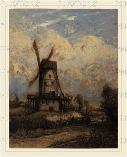 Constant Troyon, French (1810-1865), A Windmill against a Cloudy Sky, 1845-1850, oil paint over black chalk on brown laid paper