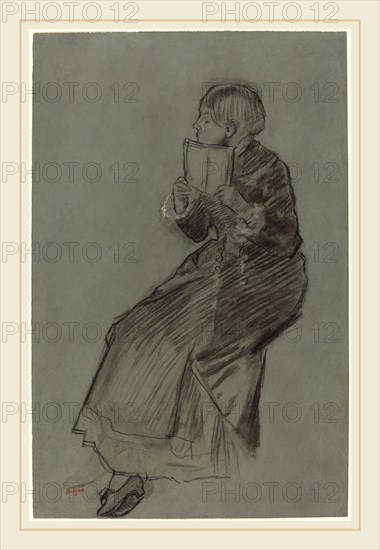 Edgar Degas, French (1834-1917), Woman Reading a Book, c. 1879, black chalk with stumping, heightened with white, on blue wove paper
