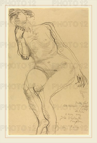 Auguste Rodin, Seated Female Nude Leaning to the Left, French, 1840-1917, 1908, graphite on folded paper