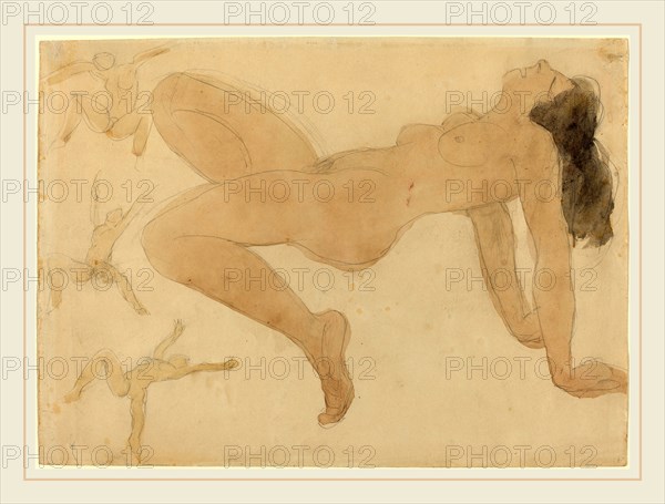 Attributed to Auguste Rodin, Studies of Nude Dancers, French, 1840-1917, c. 1900-1905, graphite and watercolor