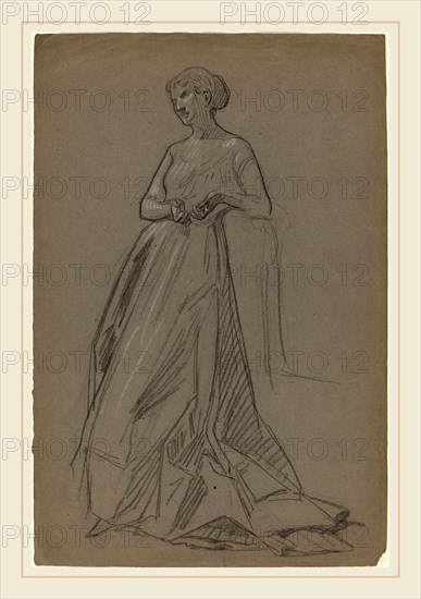 French 19th Century, Standing Woman Leaning on Her Elbow, 1890s, black chalk heightened with white chalk on gray-blue laid paper