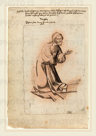 South German 15th Century, Christ Kneeling in Prayer, c. 1425, pen and dark brown ink with dark gray wash and white heightening on pink partially prepared paper