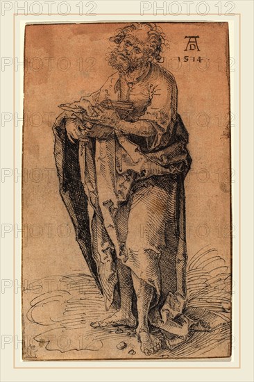 Hans SÃ¼ss von Kulmbach, German (c. 1485-1522), A Standing Apostle Holding a Book, c. 1510 or before, pen and black ink on laid paper, lightly washed pink