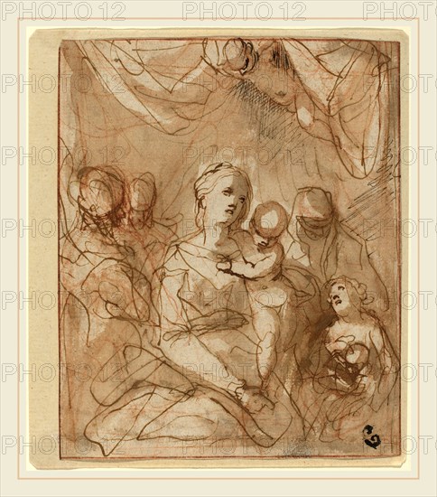 Hans Rottenhammer, German (1564-1625), The Virgin and Infant Jesus with Saints, c. 1600, pen and brown ink with brown wash over red chalk