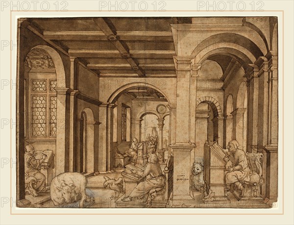 Master I.K., German (active second quarter 16th century), Four Evangelists in a Scriptorium, 1539, pen and brown ink with brown wash over red chalk on laid paper
