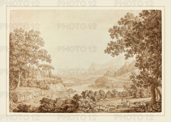 Christoph Heinrich Kniep, German (1755-1825), Arcadian Landscape with a Mausoleum, 1790s, pen and brown ink and brown wash over graphite on laid paper