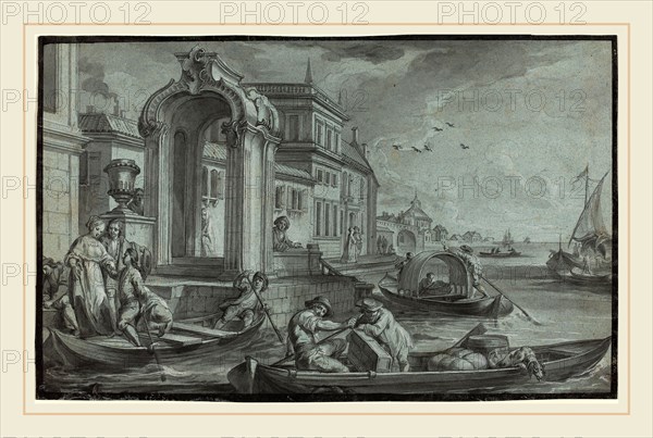 Johann Wolfgang Baumgartner, German (1709-1761), Venetian Fantasy with an Ornamental Arch, 1750s, pen and black and gray ink over graphite with gray wash and white heightening on blue laid paper, rubbed on verso with red chalk and partly indented for transfer