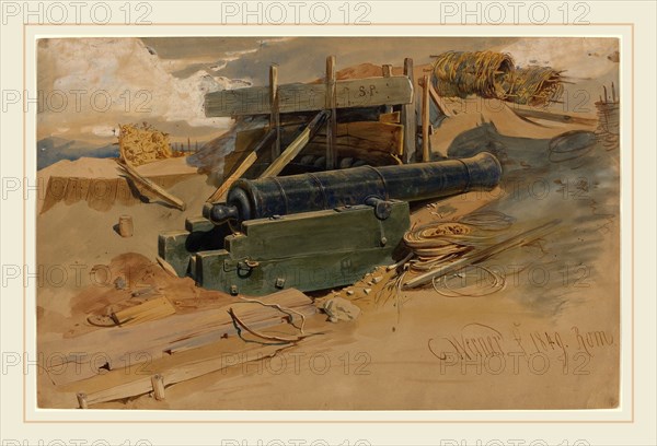 Carl Friedrich Heinrich Werner, German (1808-1894), Cannon by a Bulwark, 1849, watercolor and gouache over graphite on brown paper