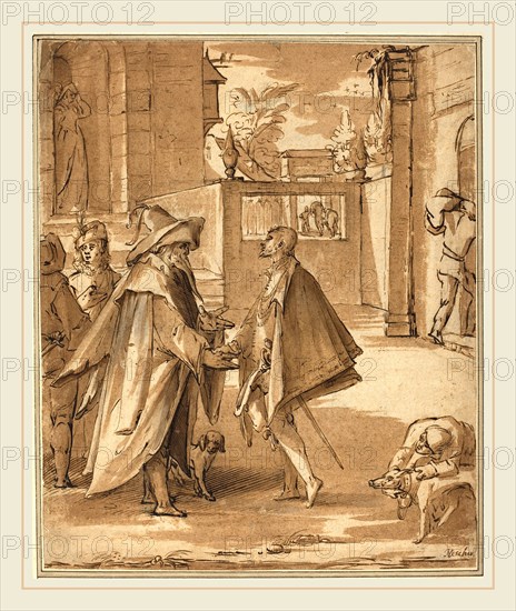 Karel van Mander I (Netherlandish, 1548-1606), The Departure of the Prodigal Son, pen and brown ink with brown wash heightened with white on laid paper