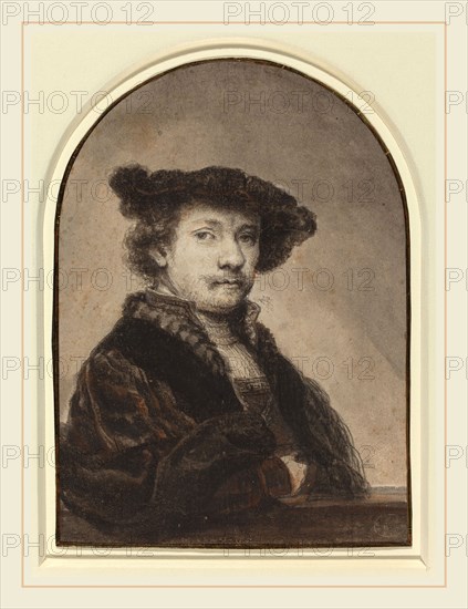 Ferdinand Bol, Dutch (1616-1680), Rembrandt van Rijn, c. 1640, chalk, pen and ink, brush and wash on sheet trimmed with gold paper