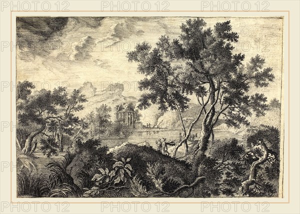 Attributed to Frédéric de Moucheron (Netherlandish, 1633-1686), Classical Landscape with a Tempietto, pen and black ink on vellum