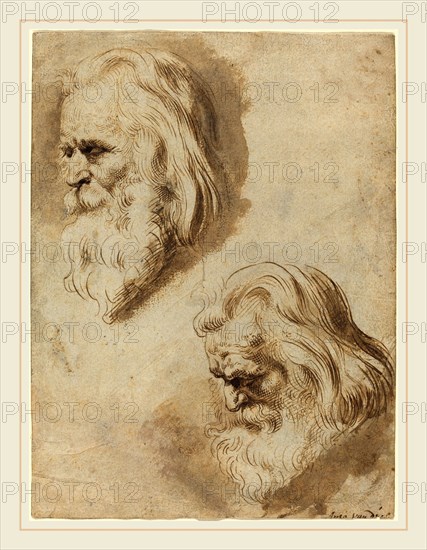 Paulus Pontius after Sir Peter Paul Rubens, Flemish (1603-1658), Two Studies of an Elderly Man's Head, pen and brown ink with brown wash on laid paper; verso chalked for transfer