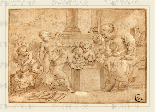 Sir Peter Paul Rubens, Flemish (1577-1640), Elderly Man Watching Putti Dissect an Eye, c. 1613, pen and brown ink with brown wash over black chalk, heightened with white, on laid paper; indented with a stylus for transfer