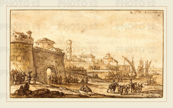 Jacob van der Ulft, Dutch (1621-1689), A Coastal Scene with a Fortified Town, c. 1670, pen and brown ink with brown, gray, and yellow washes over graphite on laid paper