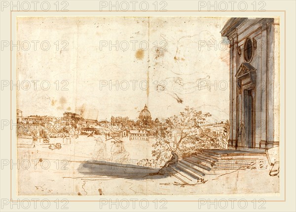 Gaspar van Wittel, Dutch (1652-1653-1736), A View of Rome from Santa Maria del Priorato, c. 1710, pen and brown ink and gray wash with red chalk on laid paper