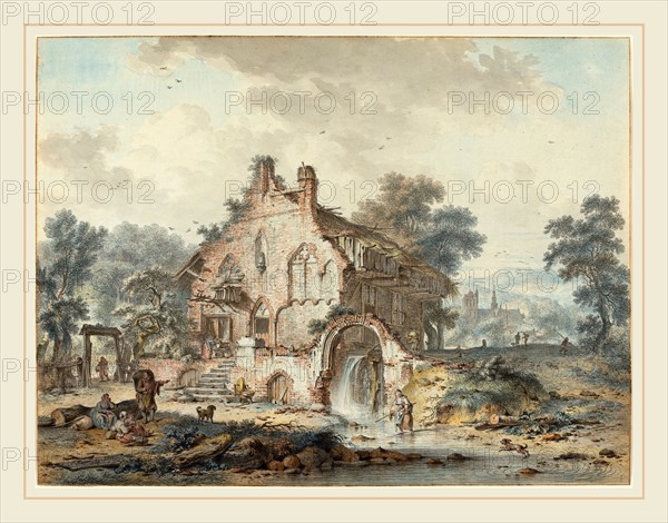 Hendrik de Meyer II (Netherlandish, 1744-1793), Rustic Watermill in a Gothic Ruin, 1778, pen and black ink with watercolor over black chalk on laid paper