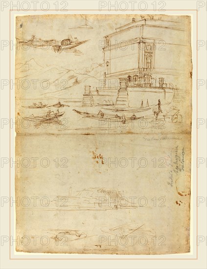 Gaspar van Wittel, Dutch (1652-1653-1736), Studies of Lago Maggiore and and the Entrance to a Palazzo, c. 1700, brown ink over graphite on laid paper