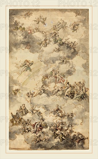 Bartolomeo Tarsia, Italian (c. 1690-1765), The Triumph of Wisdom, c. 1750, brown ink with gray and brown wash and white heightening over black chalk, squared for transfer in black chalk on laid paper