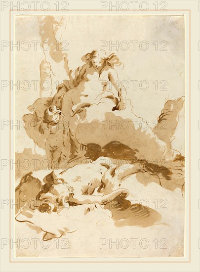 Giovanni Battista Tiepolo, Italian (1696-1770), Venus and Cupid Discovering the Body of Adonis, c. 1740, pen and brown ink with brown wash over black chalk on laid paper