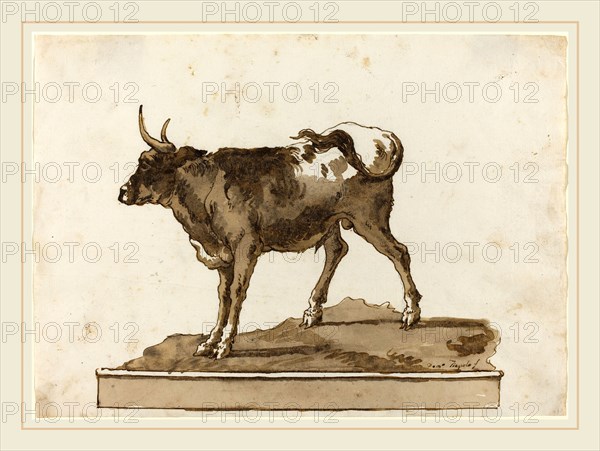 Giovanni Domenico Tiepolo, Italian (1727-1804), A Bull on a Ledge, 1770s, pen and brown ink with brown-gray wash over graphite on laid paper