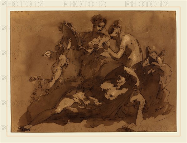 Giuseppe Bernardino Bison, Italian (1762-1844), A Mythological Scene with Sea Gods, brown wash and pen and brown ink over graphite, heightened with white, on brown wove paper