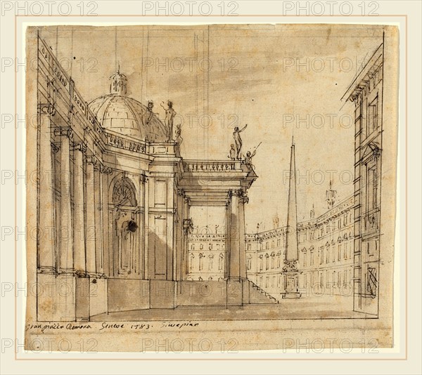 Giuseppino Galliari, Italian (1752-1817), Stage Design: A Piazza with a Domed Church and an Obelisk, 1783, pen and brown ink with brown wash over graphite on laid paper