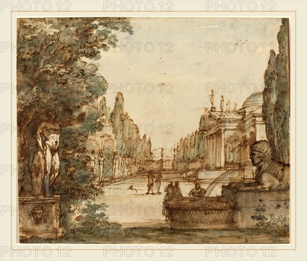 Mauro Antonio Tesi, Italian (1730-1766), Capriccio with a Palladian Villa, c. 1760, pen and brown ink with brown wash and watercolor over graphite on laid paper