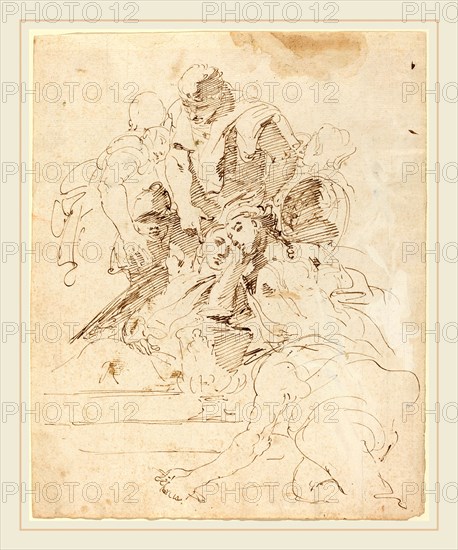 Giovanni Battista Tiepolo, Italian (1696-1770), Classical Figures Gathered around an Urn, 1724-1729, pen and brown ink on laid paper; black chalk sketches of mostly architecture on verso