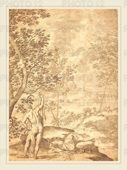 Donato Creti, Italian (1671-1749), Apollo Standing in a River Landscape, 1720-1730, pen and brown and black ink on laid paper; laid down