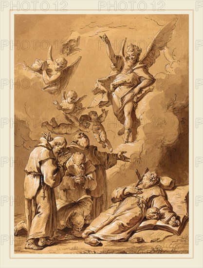 Follower of Francesco Fontebasso, Death of a Holy Friar, 18th century, pen and brown ink, brush and brown ink, and brown wash, heightened with white, on prepared laid paper