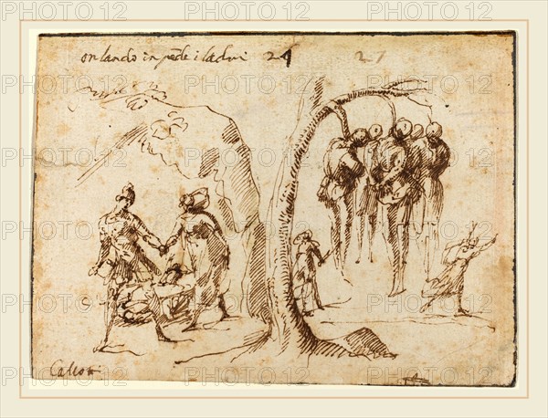 Francesco Allegrini, Italian (c. 1615-after 1679), Orlando and the Thieves, pen and brown ink on laid paper