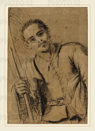 Giovanni Francesco Barbieri, called Guercino, Italian (1591-1666), A Grain Merchant, c. 1620, black chalk heightened with white on laid paper prepared with brown wash